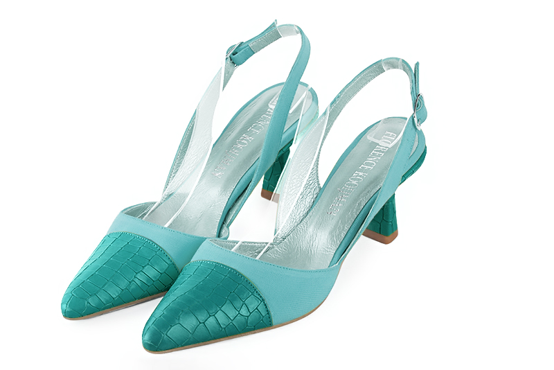 Aquamarine blue women's slingback shoes. Tapered toe. Medium spool heels. Front view - Florence KOOIJMAN